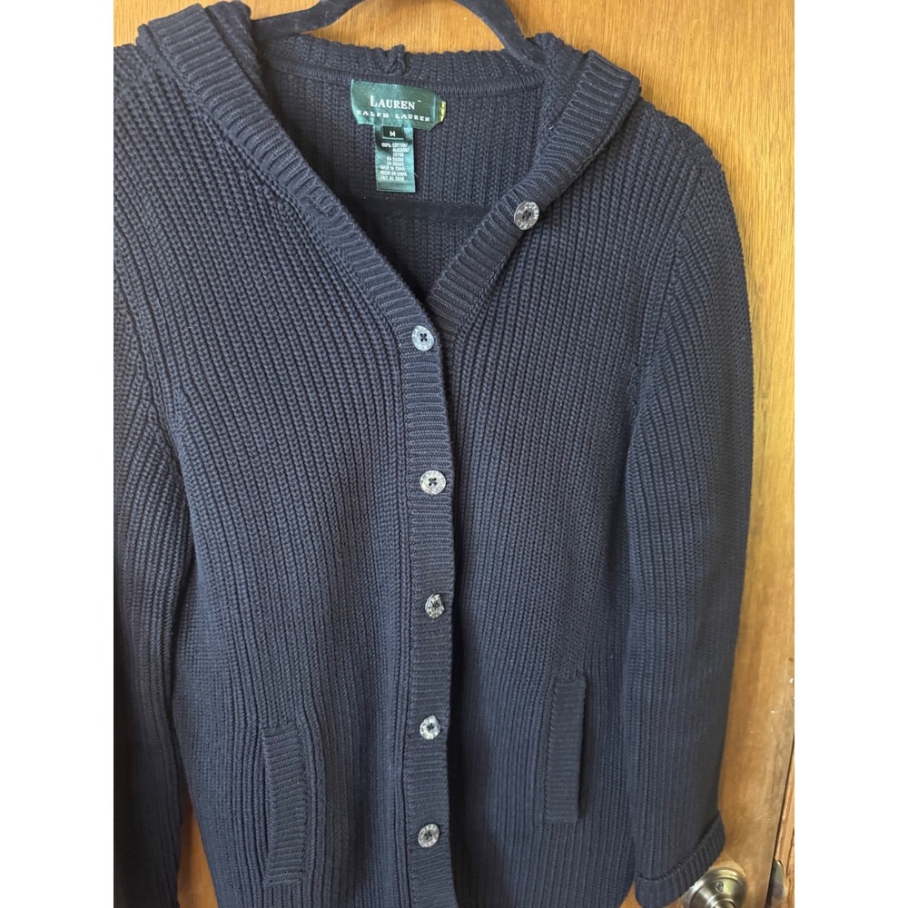 Lauren Ralph Lauren Navy Blue Ribbed Cotton Hooded Cardigan Sweater RN 54050 M